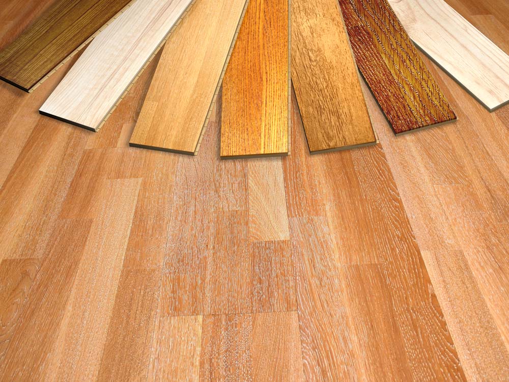 A photo displaying planks of different species of wood against a neutral hardwood floor.