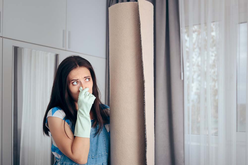 Women plugging nose standing next to rolled up carpet.